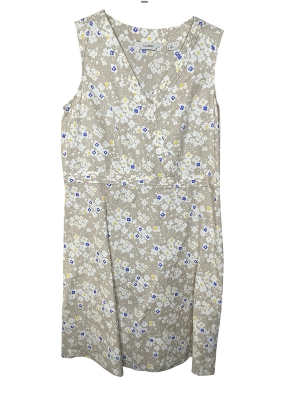 L.L. Bean Beige Floral Sleeveless Wrap Dress Sz 14 - Picture 2 of 6